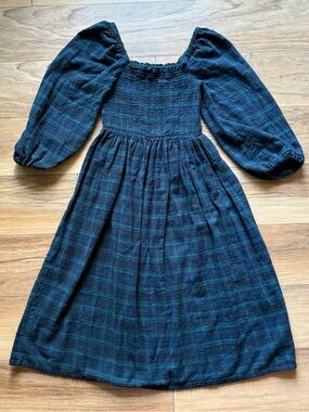 J. Crew Plaid Smocked Dress Puff Sleeve Cottagecore Midi Dress XS 100% Cotton